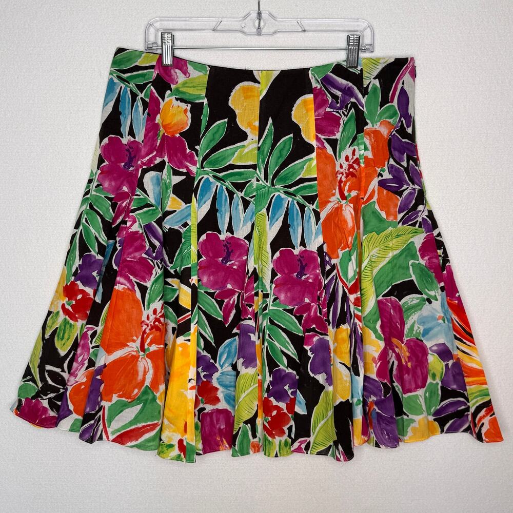 Lauren Ralph Lauren 2000s Floral Cotton Pleated Skirt Black Multicolor Size 14 - Picture 13 of 14